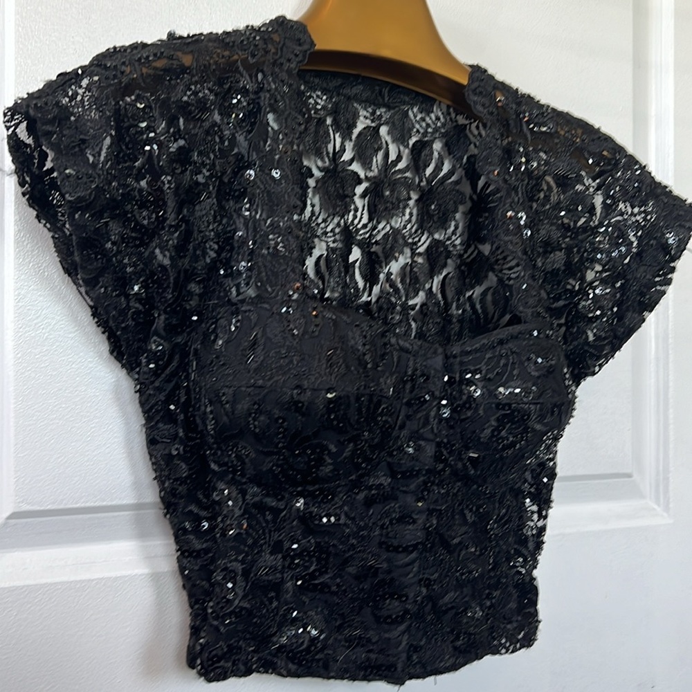 Rare vtg 90s BLACK LACE BUSTIER crop top sequins beads eyelets size 34 Madonna